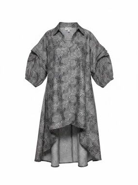 Spiral Print High-Low Oversized Shirt Dress w/ Poof Sleeve & Gemstone Buttons